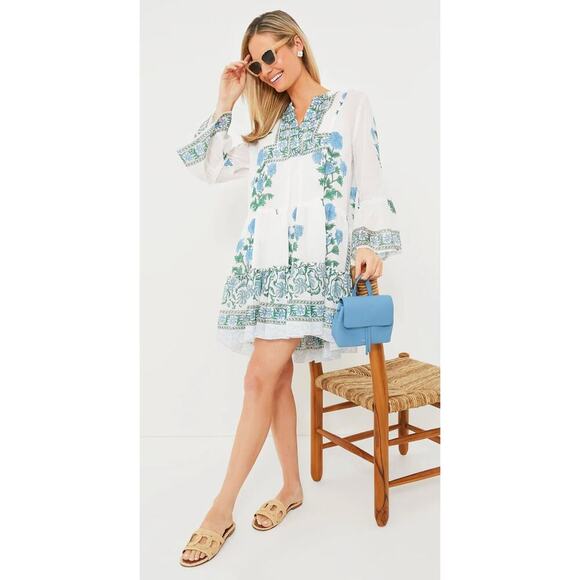 JULIET DUNN Tuckernuck White Poppy Flared Sleeve Cotton Mini Dress Block Print - Picture 2 of 11